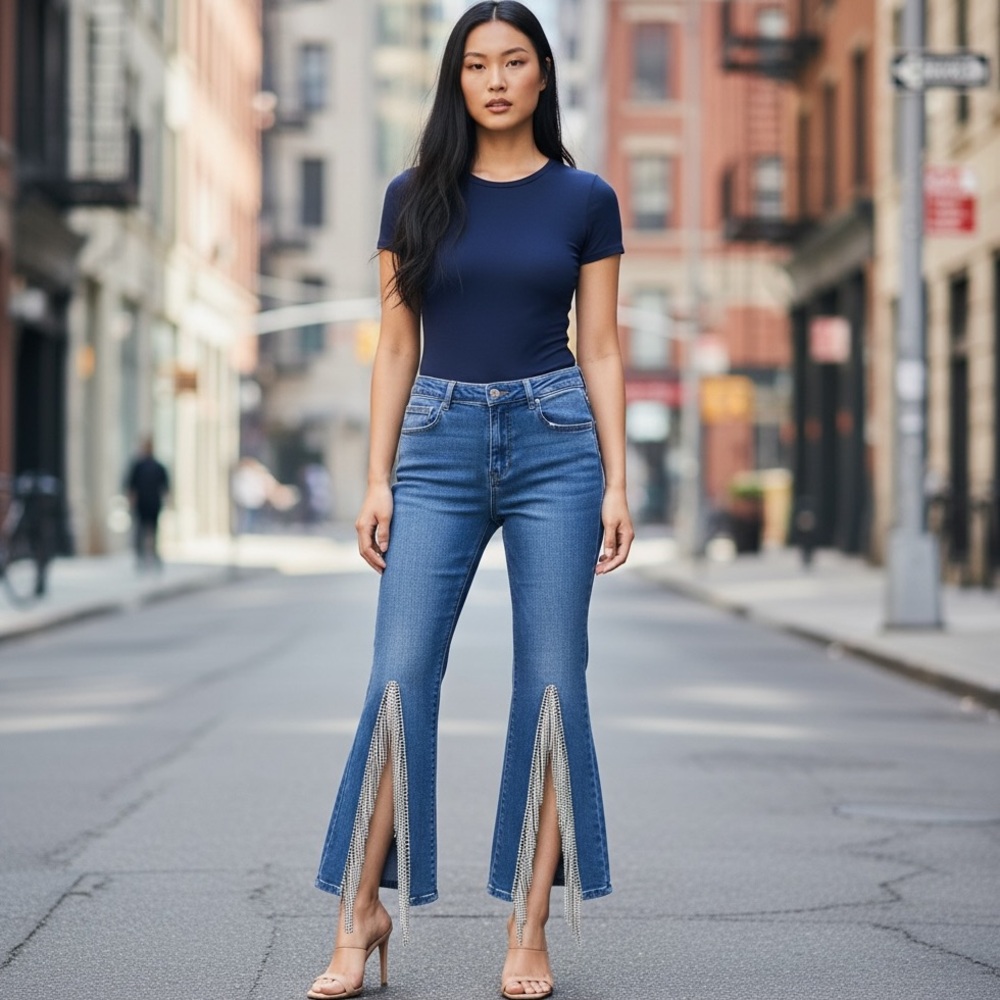 NEW blue b Medium Wash Rhinestone Trim High Waist Stretchy Comfy Denim Jeans